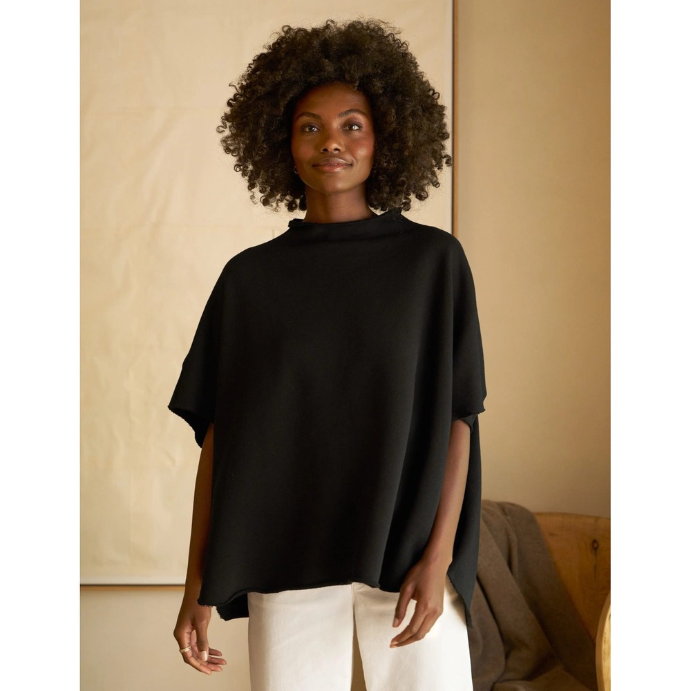 Frank & Eileen Audrey Funnel Neck Capelet Black Cotton Fleece Raw Edge Top OS